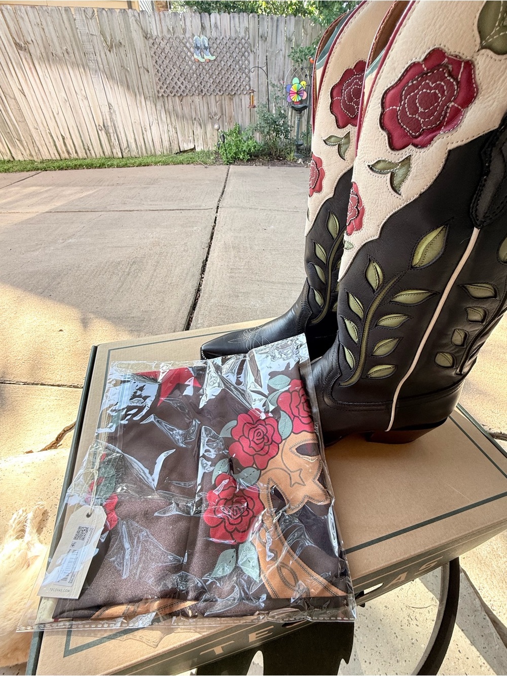 Tecovas Black Leather Women's Cowboy Boots with Red Rose Embroidery scarf. - Picture 15 of 16